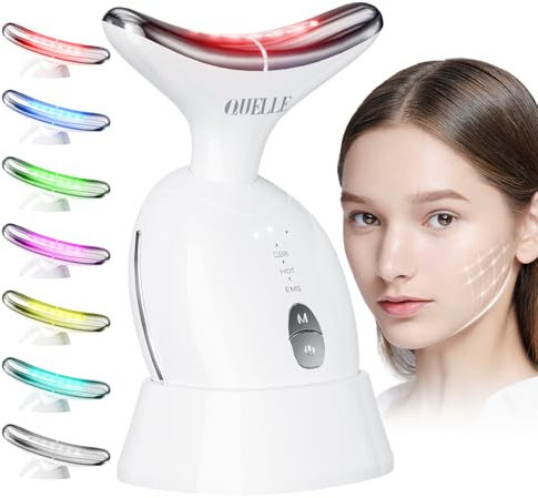 QUELLE Massaggiatore Viso Lifting EMS Antirughe con Terapia del Caldo a 45°C, 3 Modalità e 7 Colori LED, Dispositivo di Bellezza per Rassodamento Viso e Collo con Base