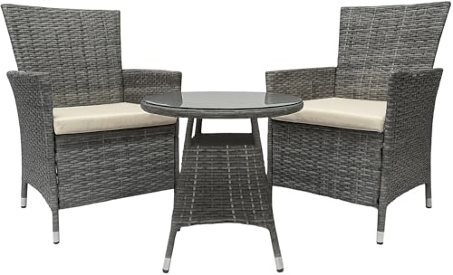 CLP Juego de Muebles de jardín Fireda, 3 Piezas, de ratán PE, con Estructura de Acero y Mesa de Centro, Incl. Cojines de Asiento, Color:Gris mezclillado
