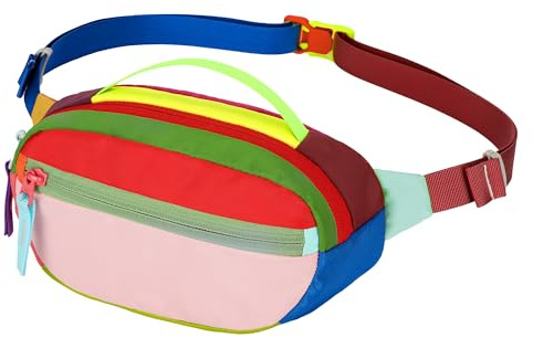 Retro Fanny Pack for Women Men Hiking Waist Packs 2 Pockets Color-blocking Belt Bags for Festival 80s 90s Theme Party Running Traveling (Pink)