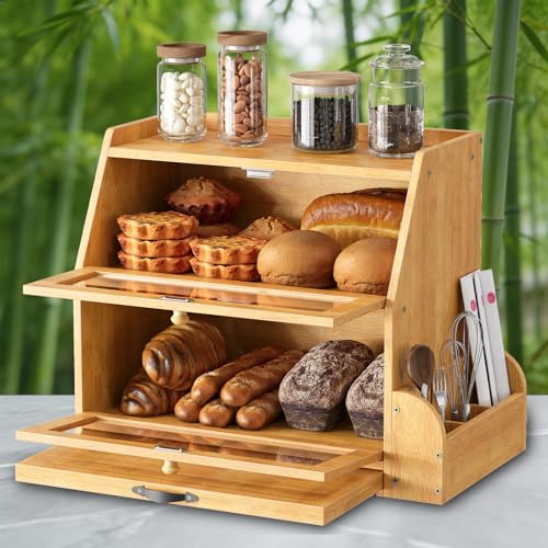 HOOBRO Portapane in bambù a 2 Livelli con Tagliere e Portaposate, Contenitore per Pane con Doppio Sportello a Ribalta in Acrilico Trasparente, per Cucina e Sala da Pranzo, Colore Naturale EYL23MB01