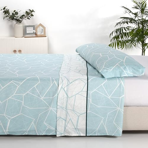 Sábanas 150x190 150x200 - Juego de Sábanas 3 Piezas - 100% Microfibra Suave y Transpirable - Sábana Bajera Ajustable, Encimera y Funda Almohada - Ropa de Cama Estampada (Ellie Aqua)