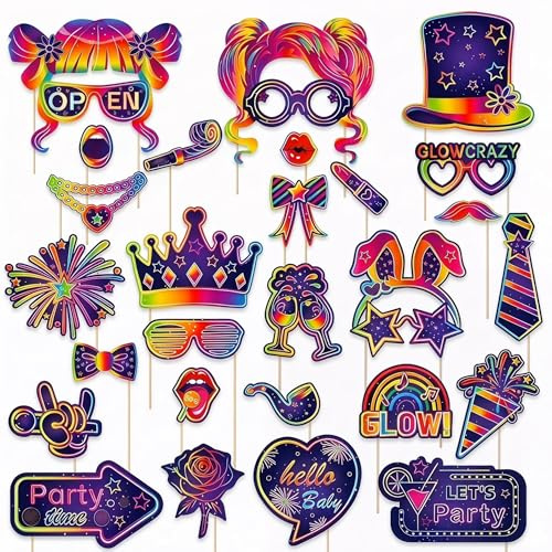 MIGIFTDY 30Pcs Glow Party Photo Booth Props Set, Neon Fluorescent Moustache Glasses Hats Crown Bow Tie Firework Shapes, DIY Photo Booth Decorations for Adults Kids Birthday Wedding Disco Festival