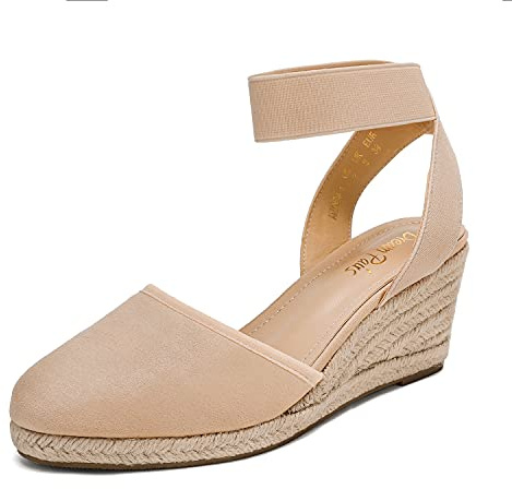 DREAM PAIRS Women's Elastic Ankle Strap Espadrilles Wedge Sandals,Size 7.5,Nude,AMANDA-1