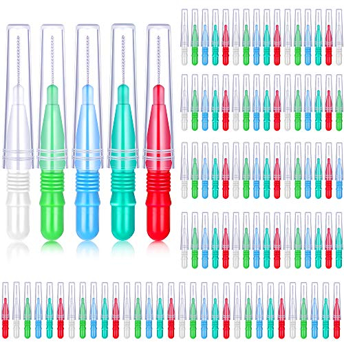 BBTO 100 Pcs Braces Dental Brush Flosser for Cleaner Interdental Brush Toothpick Tooth Flossing Head Oral Dental Toothpick Cleaners Cleaning Tool(Red White Green Light Green, Light Blue)