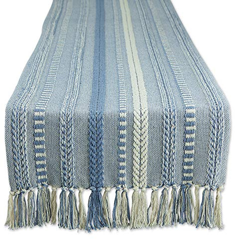 DII Farmhouse Braided Stripe Table Runner Collection, 15x72 (15x77, Fringe Included), Stonewash Blue