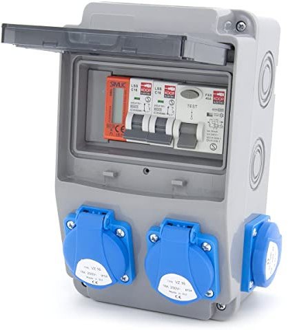 ELS Elektrotechnika Répartiteur mural de chantier avec interrupteur FI et compteur 4 x 230 V + disjoncteur 2 x LS et disjoncteur différentiel FI 40/2/0.03AFI + compteur d'alimentation MID câblé