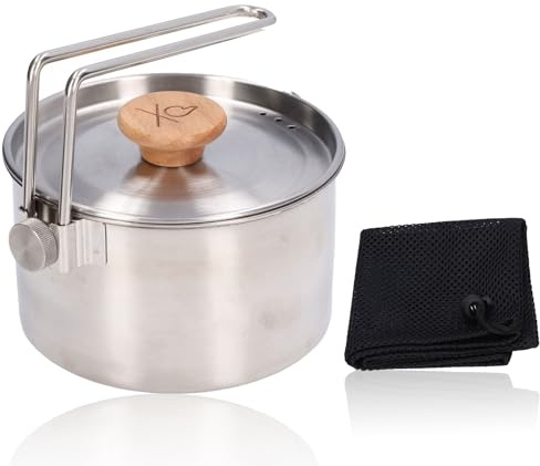 Marmite de camping en acier inoxydable, marmite à nouilles portable de 1000 ml avec couvercle, poignée pliante, casserole de cuisson avec bec verseur, ustensiles de cuisine multifonctions pour la rand