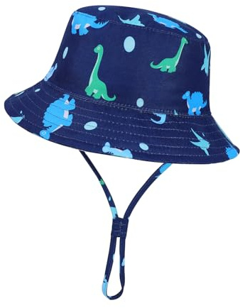 QKURT Kids Dinosaur Bucket Hat, Windproof Wide Brim Summer Sunhat with Breathable Mesh Lining for Ages 2-6 Unisex Boys Girls