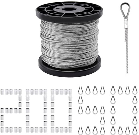 328ft Wire Rope, 1/16 Stainless Steel Wire Rope Cable with Aluminum Crimping Sleeves and Stainless Steel Thimbles for Railing, Decking, Picture Hanging