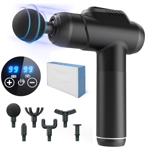 Massage Gun Deep Tissue, Percussion Muscle Massager with 99 Adjustable Speeds Quiet Hand Massagers with LCD Touch Screen 6 Heads, Back Massager for Pain Relief Shoulder Body Relaxation