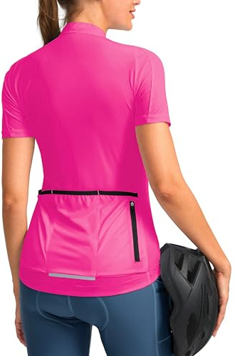 Women's Cycling Jersey Short Sleeve Bike Shirts Full Zipper Bicycle Biking Tops with Pockets Road Mountain Riding(FluorescentRosy,M)