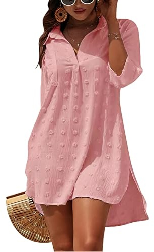 rge Vestito da spiaggia da donna bikini copertura up scollo a V cotone tunica spiaggia estate pareos Button Down poncho spiaggia costume da bagno spiaggia, Colore: rosa., M