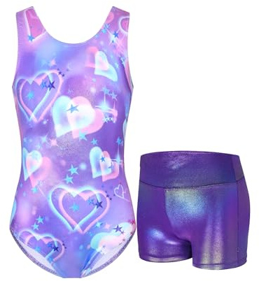 Nokecina Girls Gymnastics Leotard Size 6-7 Years Old Shiny Purple Heart Sleeveless Bodysuits Practice Outfits