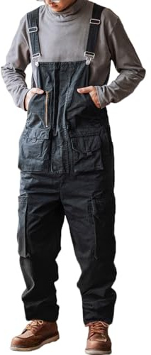 Rexcyril Men's Bib Overalls Baggy Loose Fit Casual Workwear Fashion Lightweight Sloppy Coveralls with Cargo Pockets, Black, 40