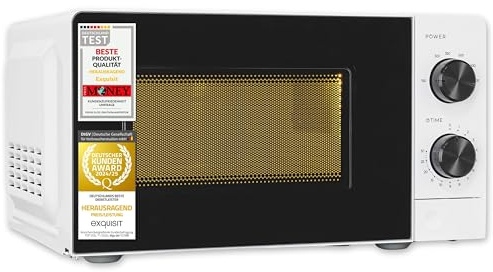 Exquisit Mikrowelle | 20 l Garraum, 700 W Leistung, 6 Leistungsstufen, Standgerät | Auftau-Programm, manuelle Steuerung, mechanische Zeitschaltuhr, Innenbeleuchtung, Glas-Drehteller | MW850-070 weiss
