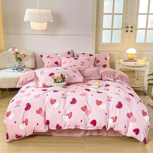 Freyamy Housse de Couette 220x240 Amour Rose Parure de lit 2 Personne en Microfibre avec Fermeture Éclair Réversible Sets de Housse Couette avec 2 Taie d'oreiller 65 x 65cm pour Filles Enfants