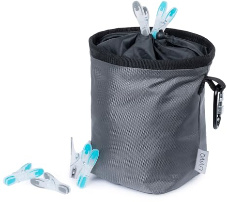 LIVIVO Durable Waterproof Peg Bag with Strong Weatherproof Pegs - 50-Piece Set - Heavy-Duty Laundry Clips with Secure Grip, Soft Touch Pads, and Carabiner Clip for Outdoor Use