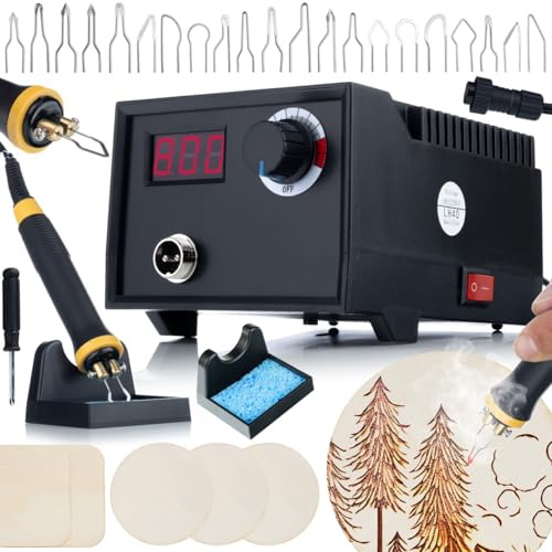 Rosfix - Estación de pirograbado Black Fenix RBB60W - 60W, pantalla LCD, temperatura ajustable | 20 puntas + madera contrachapada | para madera, cuero, corcho, herramienta creativa