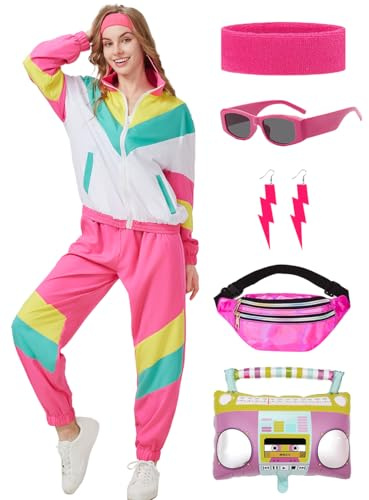 Coseaon 80s Tracksuit for Women Retro Windbreaker Outfit 90s Color Block Sportswear Set with Jacket Sweatpants (US, Alpha, Small, Regular, Regular, Pinkwhite)