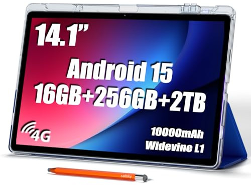 14 tum stor skärmsurfplatta, Android 15 surfplatta 16 GB RAM 256 GB ROM, 1920 x 1200 IPS FHD-skärm, Widevine L1, 10 000 mAh 18 W laddning, Wi-Fi och Bluetooth, 4G LTE, med stativfodral och stylus