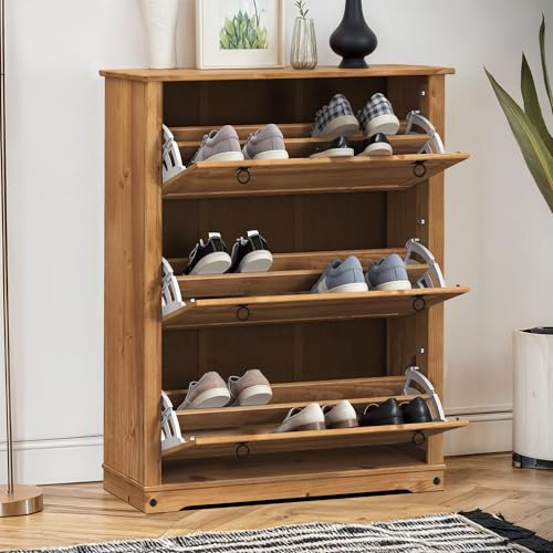 Corona Shoe Rack Chest 3 Shelf Wooden Cupboard Solid Wood Pine Hallway Entrance Footwear Storage Living Room Bedroom Cabinet Unit Flip Down Drawers Mexican Style 125cm High 99cm Wide 32cm Deep