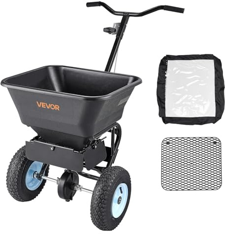 VEVOR Broadcast Spreader, 100LBS4Capacity, Walk-Behind Push Spreader, 0-9.8ft Spreading Width, 13 in All Terrain Pneumatic Tires, Lawn Spreaders with Hopper Grate, for Seed, Fertilizer, Salt, Ice Melt