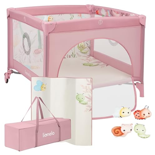 lionelo Parque de Juegos Infantil Mille Plus hasta 15 kg, de 0 a 36 meses, Entrada Lateral, Base acolchada 3D, 2 Ruedas con Freno, Plegable, Bolsa de Transporte incluida