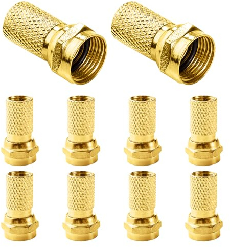 KUOQIY 10 Pezzi Connettori a Vite di Tipo F, Connettore F, Micro Vite/Twist On Antenna Cavo Coassiale RG6, per Cavo Coassiale Antenna TV Satellitare, Oro