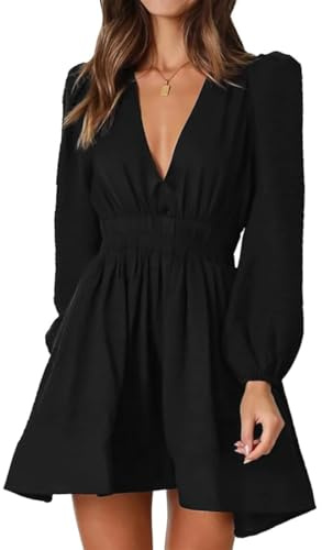 AOWVUTS Vestito Donna Manica Lunga Mini Abito Elegante Scollo a V Casual Vestito Corto Swing in Linea A Vita Alta Moda Vestitino Maniche Lanterne Solido per Cocktail Festa Discoteca Sera
