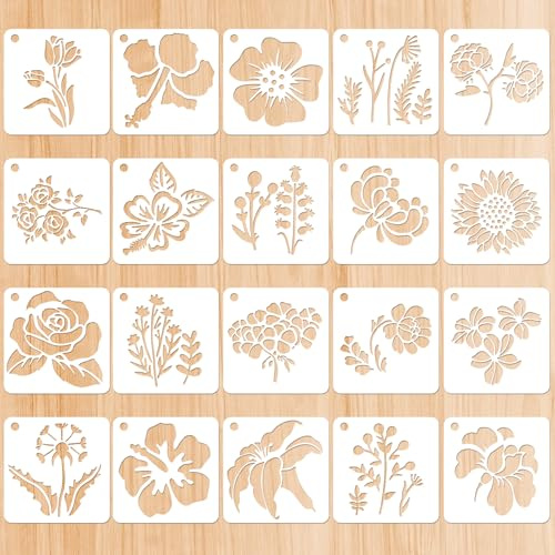LIQWEI Lot de 20 pochoirs de fleurs pour peinture, pochoirs de fleurs pour travaux manuels, pochoirs pour peinture sur bois, pochoirs pour peinture sur bois, mur, meubles