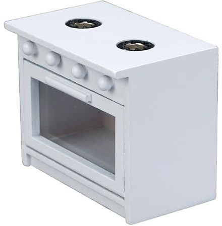 Estufa de casa de muñecas de madera blanca en miniatura, aparato de cocina de casa de muñecas a escala 1:12, horno de juego de simulación con diseño de dos quemadores, accesorio de cocina para casas