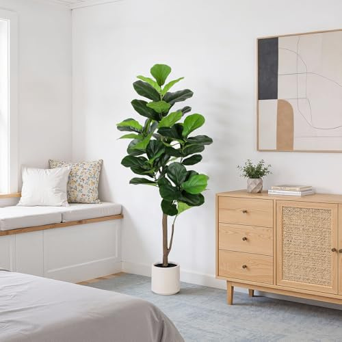 AQUGQ Artificial Fiddle Leaf Fig Tree 5FT with Planter Faux Trees Indoor Tall Artificial Tree, Stable Base, 58 Realistic Leaves, for Indoor/Outdoor Home Office Living Room Decor, Housewarming Gift