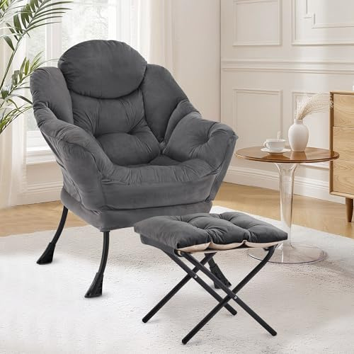 XH.Easy Go Lazy Chair with Ottoman, Accent Lounge Reading Arm Chair with Footstool, Leisure Armchair for Living Room Bedroom Comfy Arm Chairs with Footrest, Darkgrey
