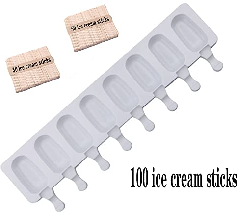 Stampo per ghiaccioli,Stampo silicone,Stampi ghiaccioli,Stampi per Gelato al Cioccolato congelato Fai da Te per Bambini Adulti 8 unità cavità (100 Pezzi di Bastoncini di Legno)