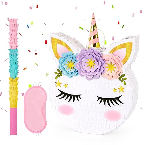 WERNNSAI Einhorn Pinata – Einhorn Geburtstag Pinata Mädchen Kinder Regenbogen Blumen Pferd Piñata mit Stock Augenmaske Rosa Geburtstagsparty Dekoration Familienspiele Geburtstagsdeko 40cm x 31cm