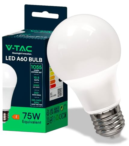 V-TAC Lampadina LED A60 con Attacco E27 potenza 10.5W (Equivalenti a 75W) - Lampadina di Nuova Generazione - 1055 Lumen - Massima Efficienza e Risparmio Energetico - 6500K Luce Bianca Fredda