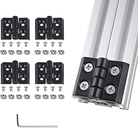 CNCMANS 4 Stück Scharnier M4 Aluprofil 2020 Serie Profil 20x20 Tür Klappscharnier Zinklegierung inkl Nutenstein, Schrauben, Aluminiumprofil-Scharnier Drehband Klappscharnier für DIY 3D-Drucker