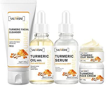 JasCherry Kit de cuidado facial de cúrcuma, 5 piezas con limpiador facial de cúrcuma, máscara de arcilla de cúrcuma, aceite de cúrcuma, suero de cúrcuma y crema facial de cúrcuma