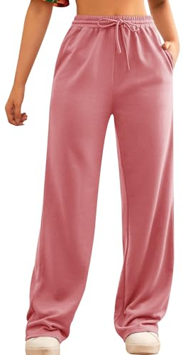 FACDIBY Pantalon de jogging à jambe large femme élastique taille haute cordon pantalon ample avec poches, 05-rose, M