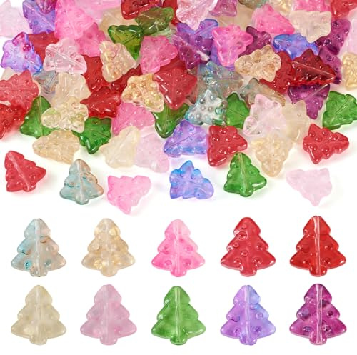 Cheriswelry 100Pcs Christmas Tree Glass Beads Christmas Theme Handmade Lampwork Spacer Beads 10 Styles 16mm for Xmas Jewelry Making Home Party Decor