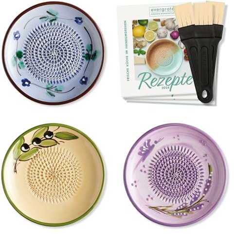 evergrate Keramikreibe 3er Verschenkset - Flora, Olivia, Valeria mit Küchenpinseln und Rezeptheften