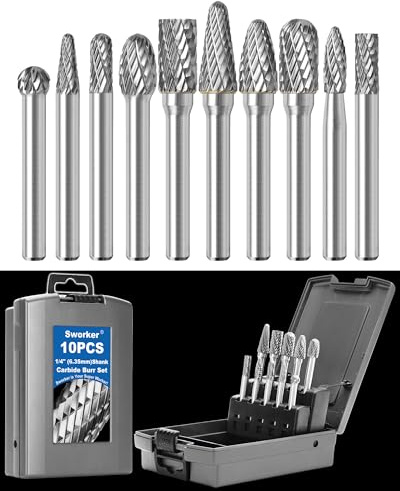 Sworker 10Pcs Carbide Burr Set 1/4 Shank w/Grey Box Max Head Dia 10mm Die Grinder Bits Rotary Tools Attachment Kit Rasp Accessories Metal Wood Stone Steel Grinding Deburring Cutting Porting Carving