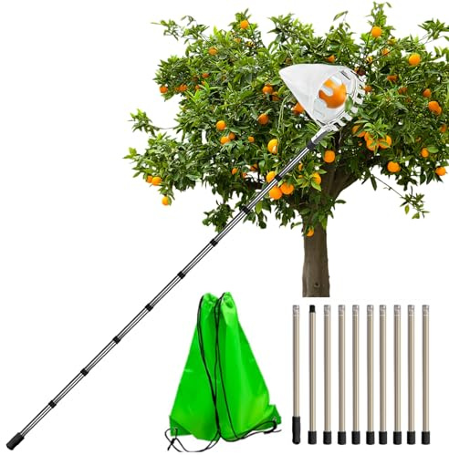 Idota Raccogli Frutta Telescopico 4M Raccogli Frutta da Albero con Asta Telescopica e Borsa Diametro 16 cm, Raccogli Frutta per Ciliegie Mele Pere