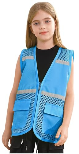 Rswnyirn Gilet Jaune Enfant Personnalisable Creux Maille Patchwork Gilet de Sécurité pour Enfants Réfléchissant Haute Visibilité Personnalisé Bleu Ciel 7-8 Ans
