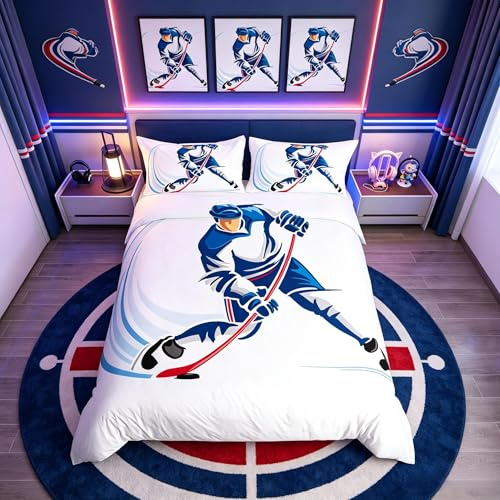 Homemissing Singolo Ice sport gioco Set di biancheria da letto Copripiumino Set di hockey su ghiaccio Set Copripiumino Giocatore di hockey su ghiaccio Sport invernali decorazione camera da letto blu