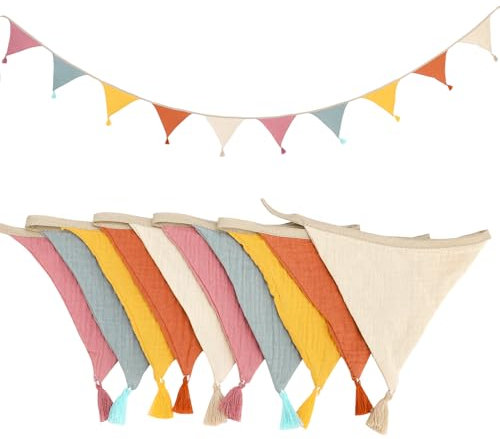 Xialvyu Wimpelkette Kinderzimmer, Musselin Baumwolle Stoff Wimpelkette mit Quasten, Hausbett Dekoration für Kinderzimmer,Party Wanddeko
