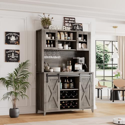 IDEALHOUSE 70'' Wine Coffee Bar Cabinet with Storage Hutch, Tall Kitchen Pantry Liquor Cabinet with Sliding Barn Doors, Bottle Glasses Rack, Farmhouse Buffet for Home Dining Room, Gray Oak