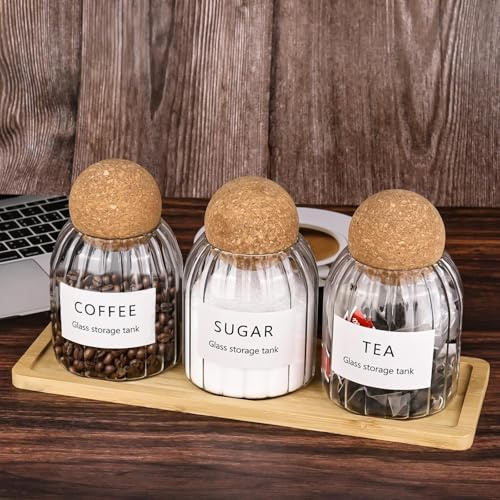 DMJJSD Tea Coffee and Sugar Canisters Set - Set of 3 Cork Ball 500ml Glass Jars,with Twooden tray, Tea Coffee Sugar Canisters, Teas Coffees Sugar Storage Set Decorative Storage Tins for Home Kitchen