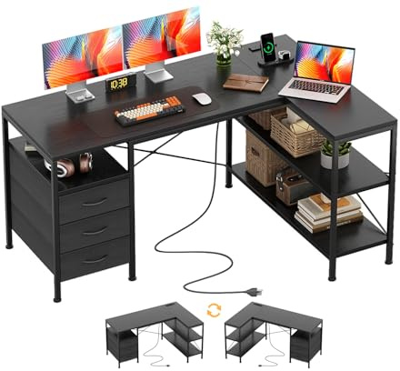 CAIYUN 120cm Corner Desk with Drawers, Reversible L shaped Computer Desk with Power Outlet, Home Office Desk with USB Charging Port, Black