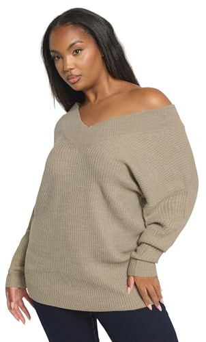 Yours Curve Brown V-Neck Knitted Jumper - Women's - Plus Size Curve